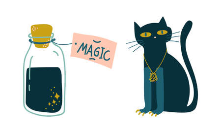 Black Cat and Corked Glass Jar with Potion as Witchcraft Object for Spells and Performing Magical Rituals Vector Setのイラスト素材