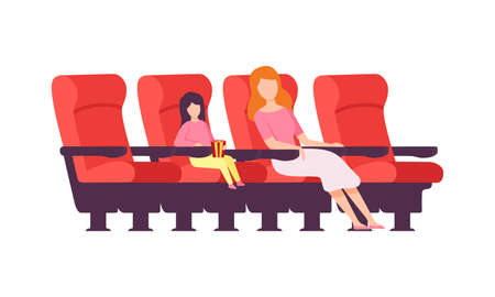 Woman with Kid Sitting in Cinema or Movie Theater Viewing Film for Entertainment Vector Illustrationのイラスト素材