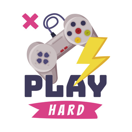 Play Hard Logo, Joysticks Gamepad with Slogan Text Print Cartoon Vector Illustrationのイラスト素材