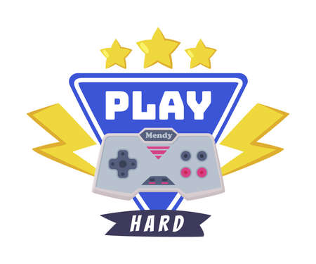 Play Hard Joysticks Gamepad with Slogan Text Print Cartoon Vector Illustrationのイラスト素材