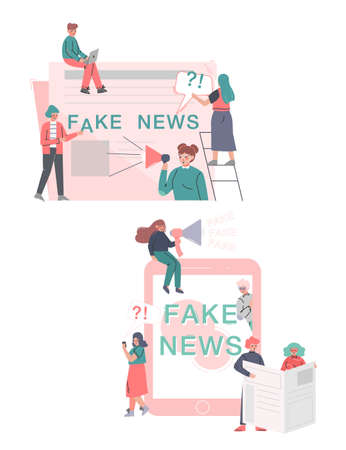 Fake News, Misinformation Spreading Set, Mass Media Propaganda, Untruth Information Spread Cartoon Vector Illustrationのイラスト素材