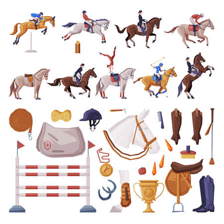 People Riding Horses, Equestrian Sport Equipment Big Set, Horse Riding Essentials and Grooming Tools Vector Illustrationのイラスト素材