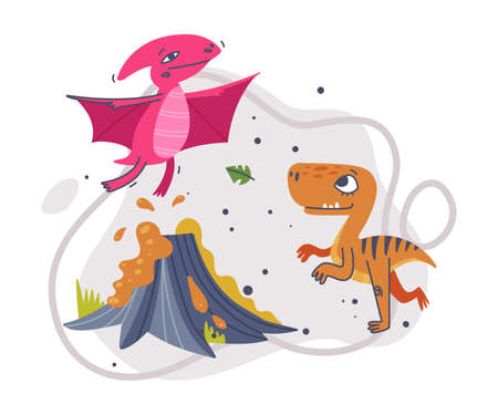 Jurassic Park Composition with Funny Dinosaurs as Cute Prehistoric Creature and Comic Predator Vector Illustrationのイラスト素材