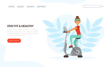 Landing Page with Young Woman Character with Headband and Sportswear on Cycle Ergometer Vector Templateのイラスト素材