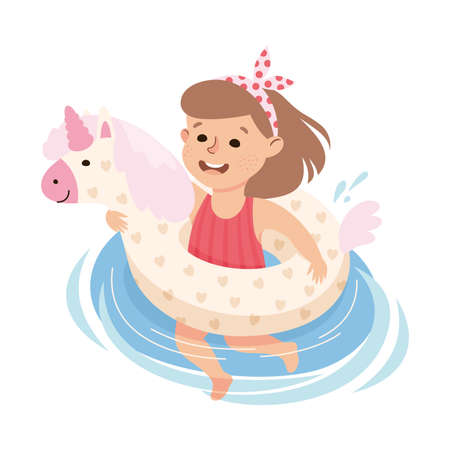 Little Girl in Swimsuit Swimming with Unicorn Rubber Ring Vector Illustrationのイラスト素材