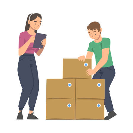 Man and Woman Volunteer with Food Box Engaged in Charity Activity Donating It to Needy Vector Illustrationのイラスト素材
