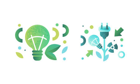 Eco Related Symbols Set, Light Bulbs, Green Energy and Environment Protection Concept Flat Vector...