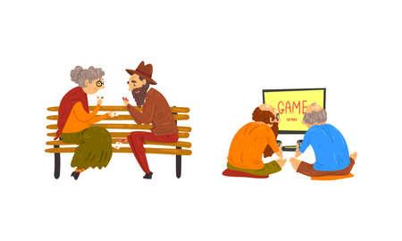 Elderly People Fun Leisure Activities Set, Seniors Playing Cards and Video Games Cartoon Vector Illustrationのイラスト素材