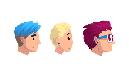 Side View of Male and Female Heads Set, Man and Woman with Modern Haircuts Cartoon Vector Illustrationのイラスト素材