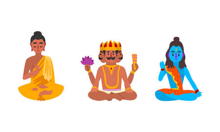 Indian Gods Set, Brahma, Sitting Buddha, Shiva Idols Cartoon Vector Illustrationのイラスト素材