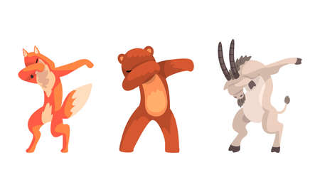 Animals Standing in Dub Dance Pose Set, Fox, Bear, Goat Doing Dabbing Cartoon Vector Illustrationのイラスト素材