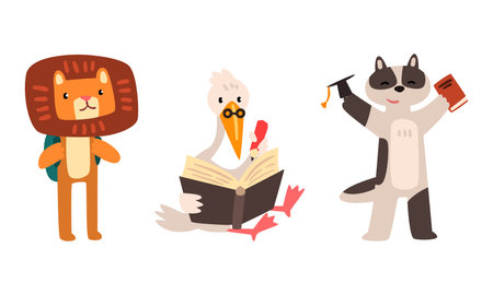 Amusing Animals Learning at School Set, Lion, Stork and Cat Reading Books, School Education Concept Cartoon Vector Illustrationのイラスト素材