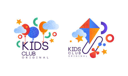 Kids Club Logo Original Set, Playground, Game Area Labels, Emblems Collection Flat Vector Illustrationのイラスト素材