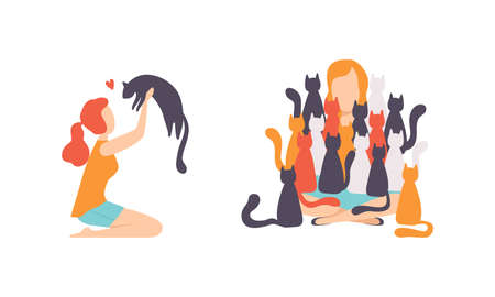 Cat Pet Owners Set, Young Woman Surrounded by Pets Flat Vector Illustrationのイラスト素材
