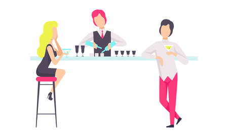 People Resting and Drinking at Bar, Bartender Standing at Bar Counter Mixing Cocktails Flat Vector Illustrationのイラスト素材