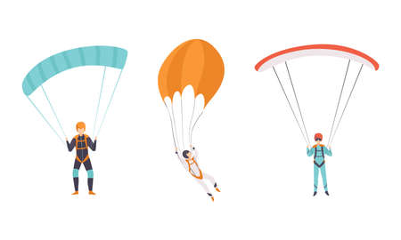 Paratroopers Jumping with Parachutes, Extreme Parachuting Sport, Skydiving Cartoon Vector Illustrationのイラスト素材