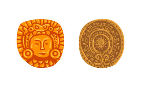 Maya Civilization Symbols Set, Mayan Calendars Cartoon Vector Illustration