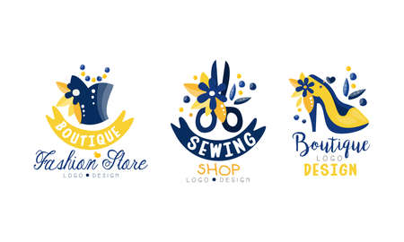 Sewing Shop Logo Design Set, Fashion Boutique Bright Hand Drawn Labels Vector Illustrationのイラスト素材