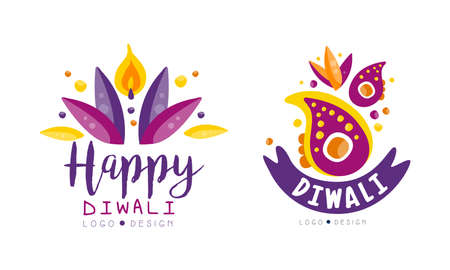 Diwali Logo Design Set, Hindu Festival Bright Colorful Labels Vector Illustrationのイラスト素材