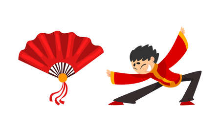 Chinese New Year Decoration Elements Set, Red Fan, Boy in Red Traditional Costume Showing Martial Arts Cartoon Vector Illustrationのイラスト素材