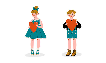 Cute Boy and Girl Holding Red Hearts Vector Illustrationのイラスト素材