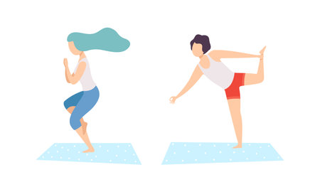 Young Man and Woman on Mat Doing Yoga Standing in Asana Vector Setのイラスト素材