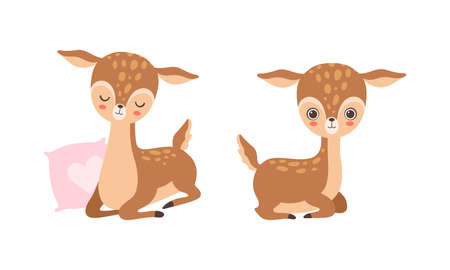 Cute Baby Deer with Spots as Adorable Hoofed Mammal Living in Forest Vector Setのイラスト素材