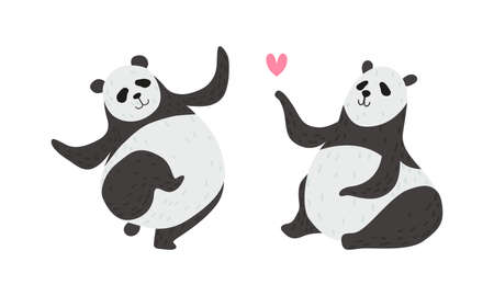 Panda Bear with Black-and-white Coat and Rotund Body Dancing and Sending Heart Vector Setのイラスト素材