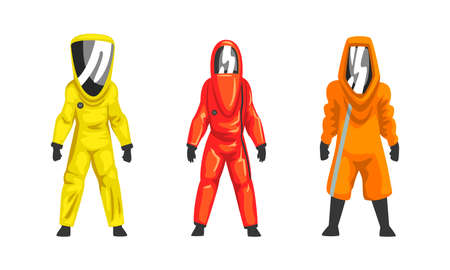 Man in Hazmat Suit as Personal Protective Equipment with Impermeable Garment Vector Setのイラスト素材