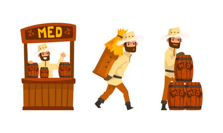 Beekeeper or Apiarist Carrying Beehive and Selling Honey Vector Setのイラスト素材