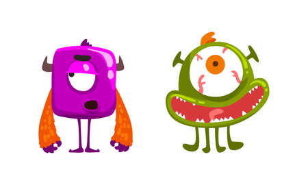 Monster with Wide Open Toothy Mouth in Frightening Pose Vector Set
