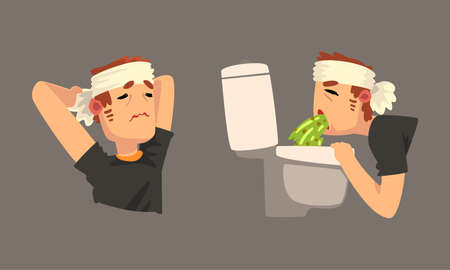 Sick Man with Bandaged Head Having Headache Vomiting Vector Setのイラスト素材