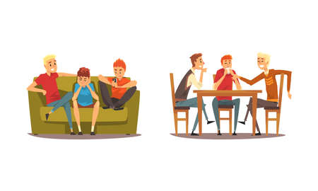 Company of Friends Spending Time Together Sitting on Sofa and at Cafe Table Talking Vector Setのイラスト素材