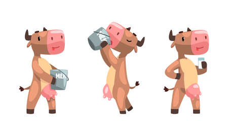 Cute Milk Cow with Udder Drinking Milk from Bucket Vector Setのイラスト素材