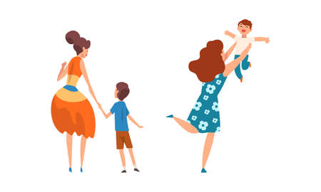 Young Mother Throwing Little Son with Arms and Walking Holding Kid by Hand Vector Setのイラスト素材