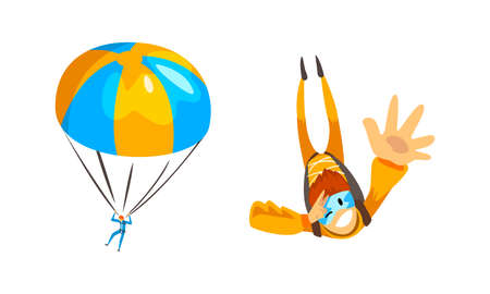 Skydiver Flying with Parachute Engaged in Extreme Sport Vector Setのイラスト素材