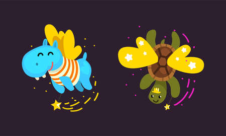 Winged Turtle and Hippo Flying with Magic Wand as Fairy or Pixie Vector Setのイラスト素材