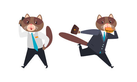 Cat Businessman Character in Formal Suit and Tie Speaking by Phone and Eating Hamburger While Running Vector Setのイラスト素材