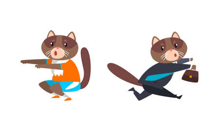 Cat Businessman Character in Formal Suit and Tie Hurrying to Work and Doing Physical Exercise Vector Setのイラスト素材