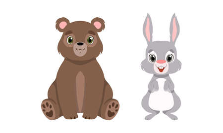 Cute Woodland Animals with Hare and Bear Vector Setのイラスト素材