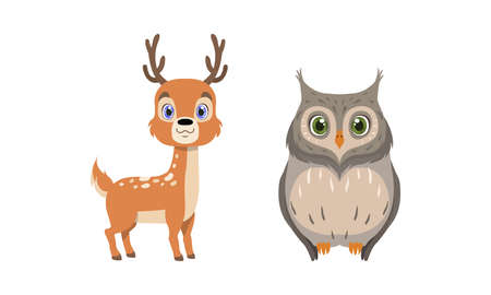 Cute Woodland Animals with Spotted Deer and Owl Vector Setのイラスト素材