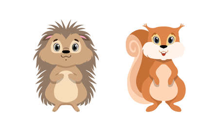 Cute Woodland Animals with Squirrel and Hedgehog Vector Setのイラスト素材
