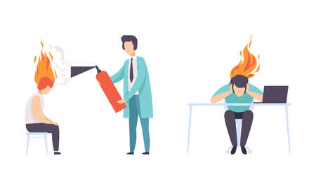 Burn out Stressed Man Feeling Fatigue and Exhaustion Sitting at Table and Extinguishing Fire Vector Setのイラスト素材