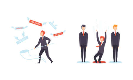 Man Character Searching for Job Standing with Catching Net Vector Setのイラスト素材