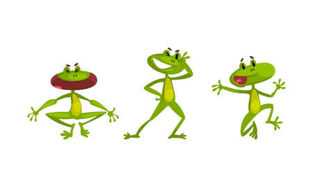 Funny Green Frog with Protruding Eyes Laughing and Winking Vector Setのイラスト素材