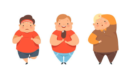 Overweight Little Children with Extra Body Fat Overeating Unhealthy Food Vector Setのイラスト素材