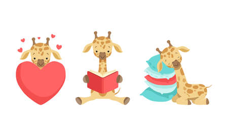 Cute Spotted Baby Giraffe with Long Neck Sleeping on Pillow and Reading Book Vector Setのイラスト素材