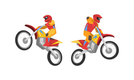 Freestyle Motocross with Motorcycle Rider Performing Jumps and Stunt Vector Setのイラスト素材