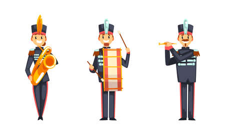 Military Band Member in Parade Uniform Playing Musical Instrument Vector Setのイラスト素材