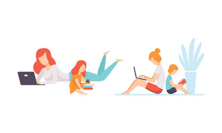 Woman Parent Working from Home and Nursing Children Combining Job and Family Duty Vector Setのイラスト素材